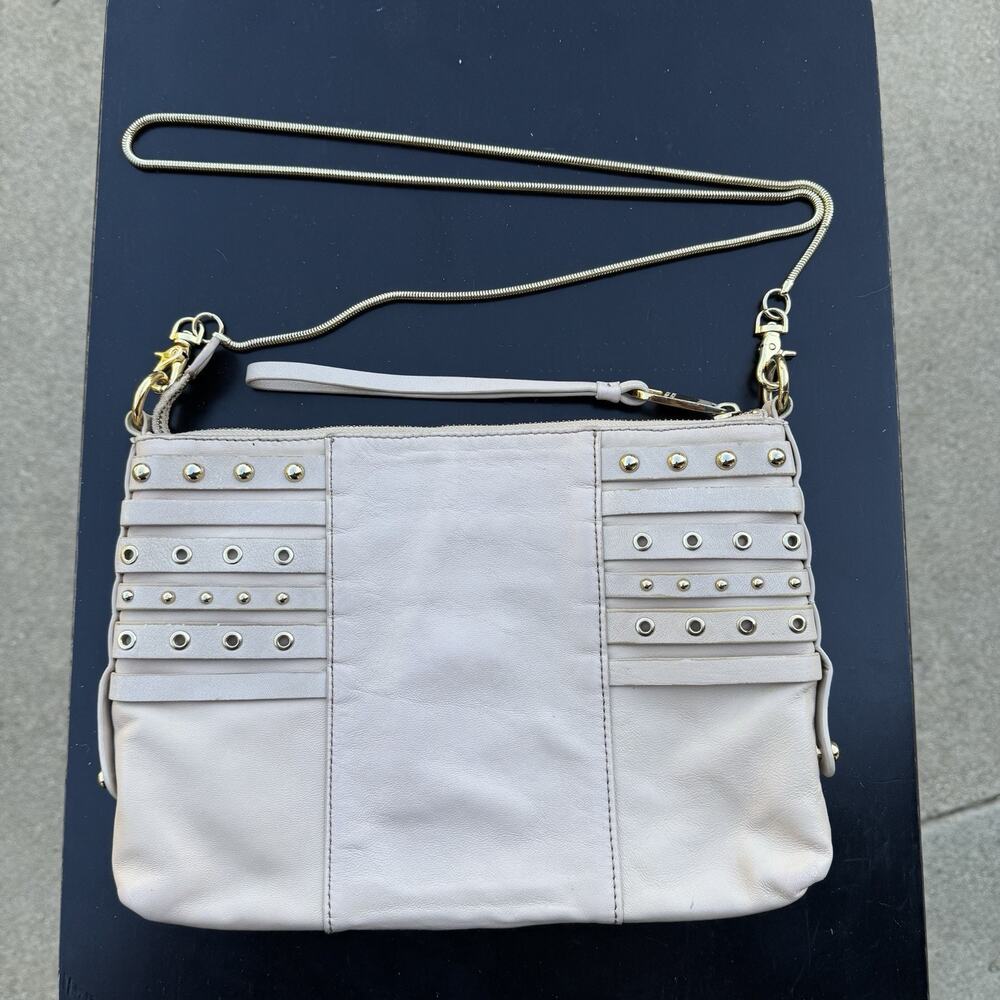 Badgley Mischka Beige Off White Studded Grommet Bag, Gold Crossbody Metal Strap